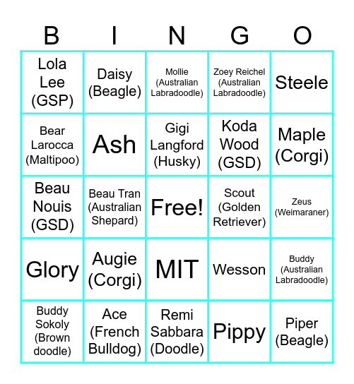 Big Dogs and Puppies Bingo Card