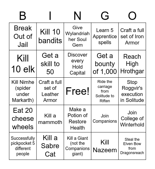 Low-Level Skyrim Bingo Card
