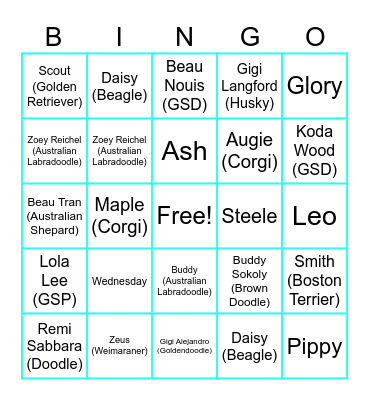 Big Dogs and Puppies Bingo Card