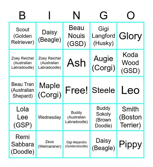 Big Dogs and Puppies Bingo Card