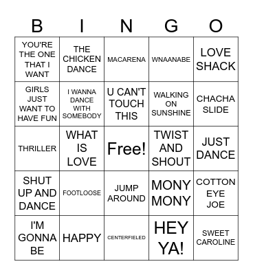 DANCE SONGS Bingo Card
