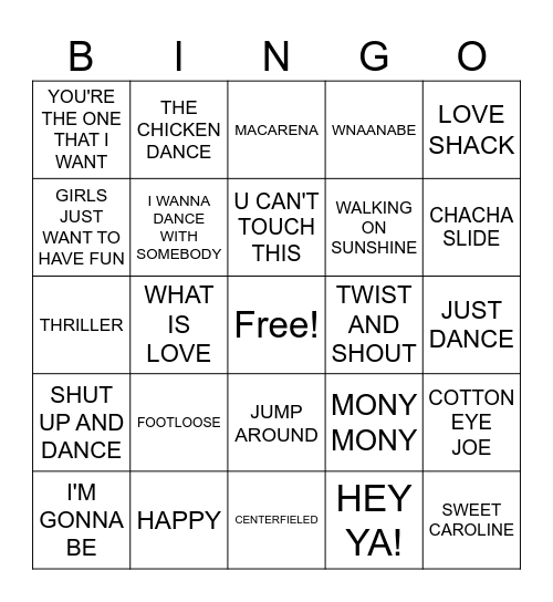 DANCE SONGS Bingo Card
