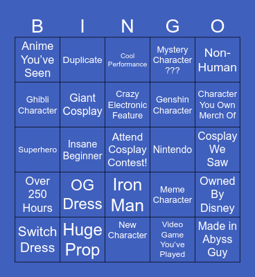 Planet Comicon Bingo Card
