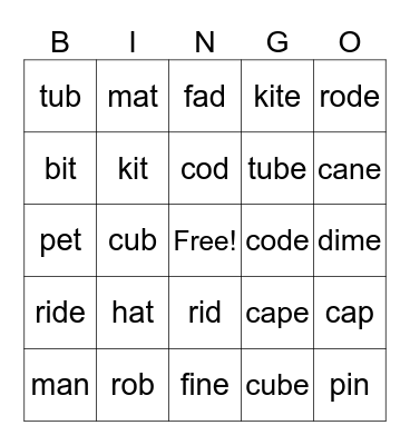 Magic E with i Bingo Card