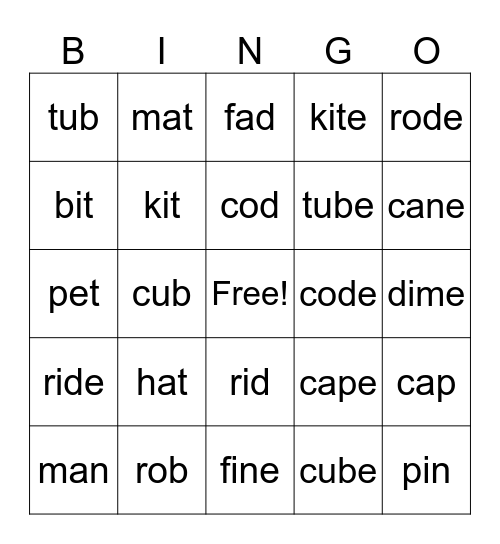 Magic E with i Bingo Card