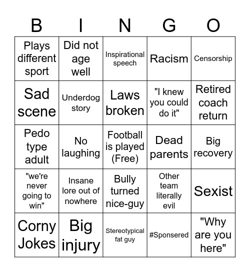 Sports movie bingo Card