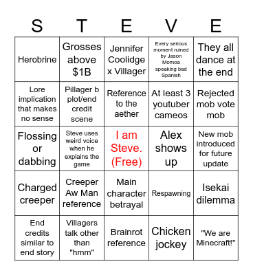 Minecraft Movie Bingo Card