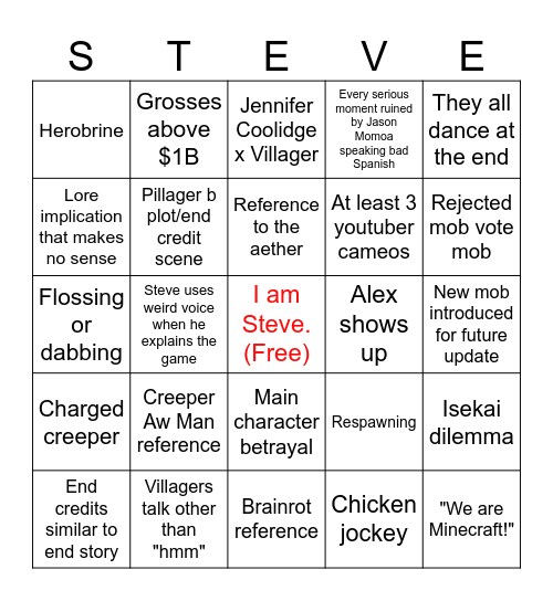 Minecraft Movie Bingo Card