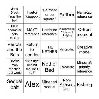 Minecraft Movie Bingo Card