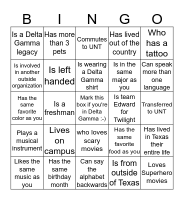 Delta Gamma Bingo  Bingo Card