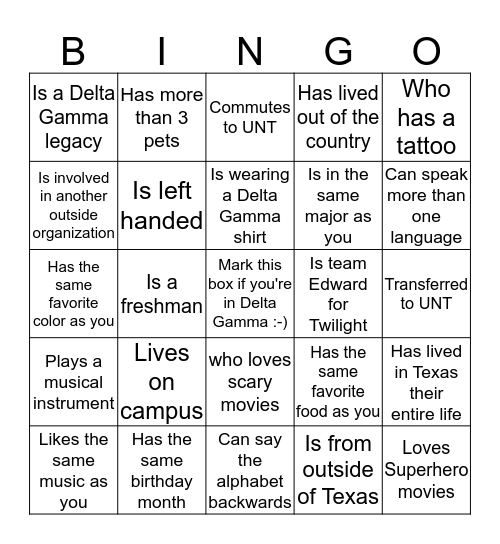 Delta Gamma Bingo  Bingo Card