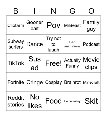 YouTube Shorts Bingo Card