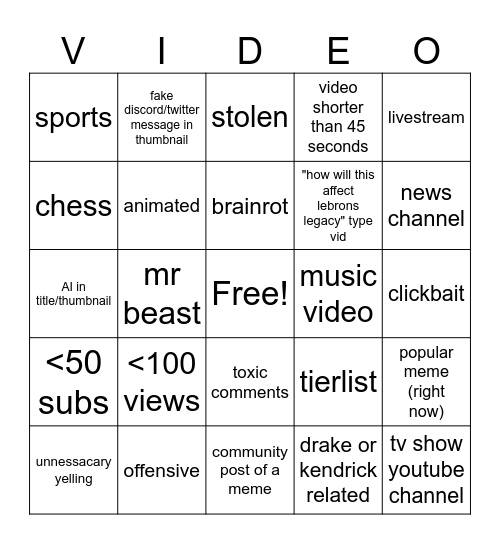youtube bingo Card