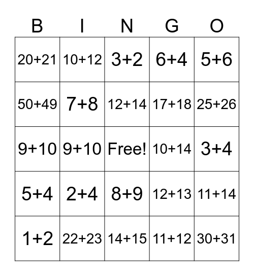 Near Doubles BINGO Card