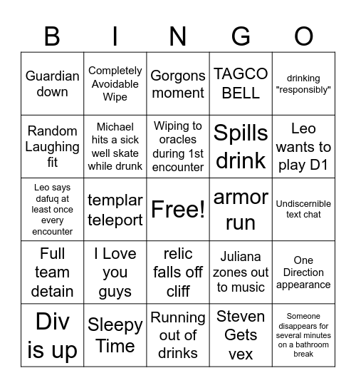 Drunk Vog Bingo Card