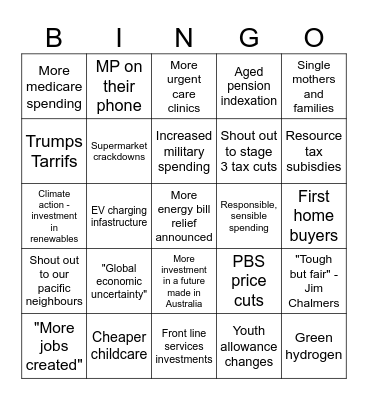 Tas Labor Society Budget Bingo 2025 Bingo Card