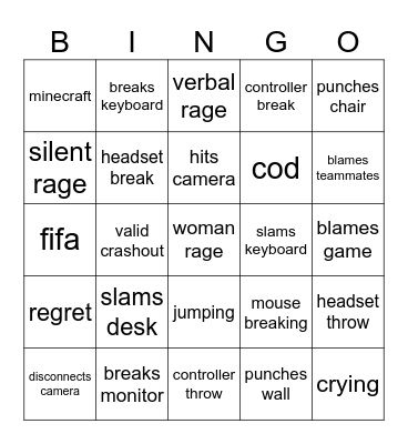 Gamer Rage Bingo Card