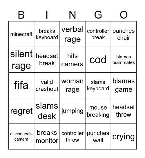 Gamer Rage Bingo Card