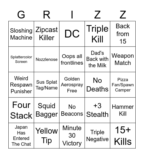 Splatigo Bingo Card