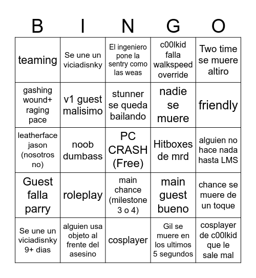 forsaken Bingo Card