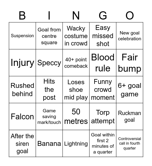 AFL Match Bingo Card