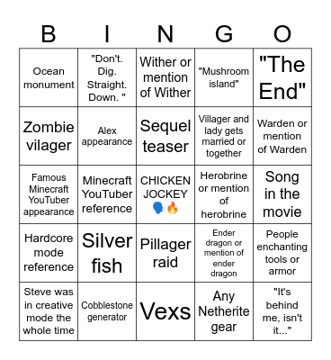 Minecraft movie Bingo Card