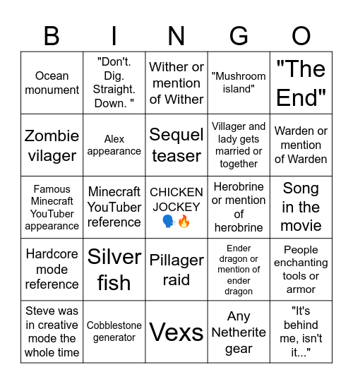 Minecraft movie Bingo Card