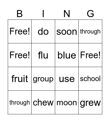 Long Vowel Phoneme /oo/ Bingo Card