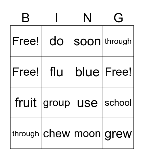 Long Vowel Phoneme /oo/ Bingo Card