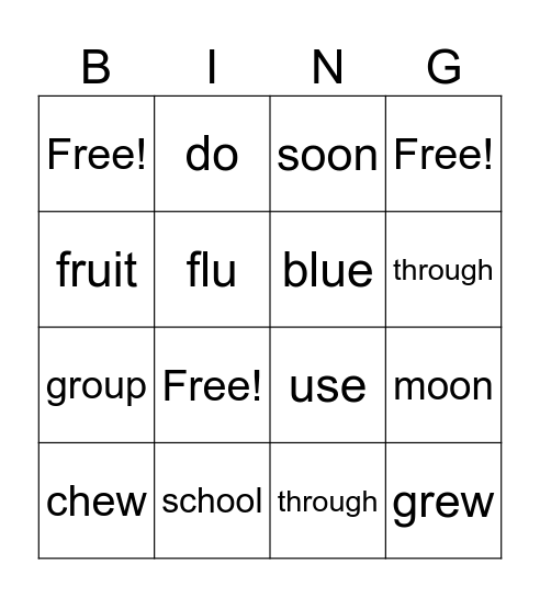 Long Vowel Phoneme /oo/ Bingo Card