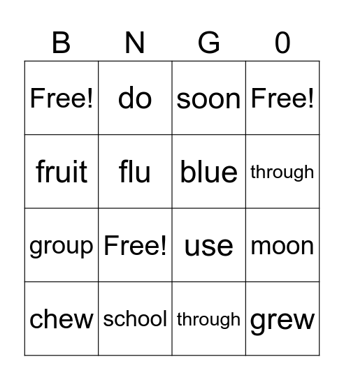 Long Vowel Phoneme /oo/ Bingo Card