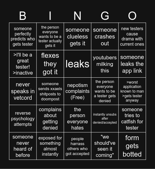 Tester Apps bingo Card