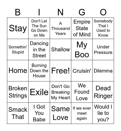 Duets Bingo Card