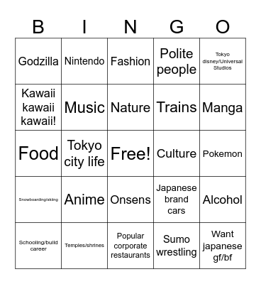 What interests you about Japan Bingo Card
