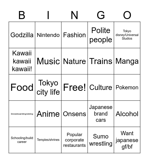 What interests you about Japan Bingo Card