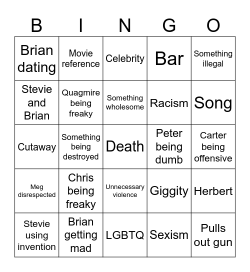 Family Guy Bingo Card
