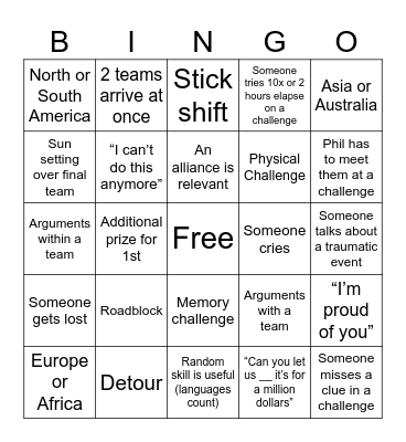 Amazing race bingo Card