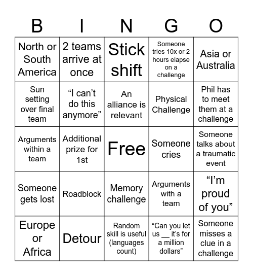 Amazing race bingo Card