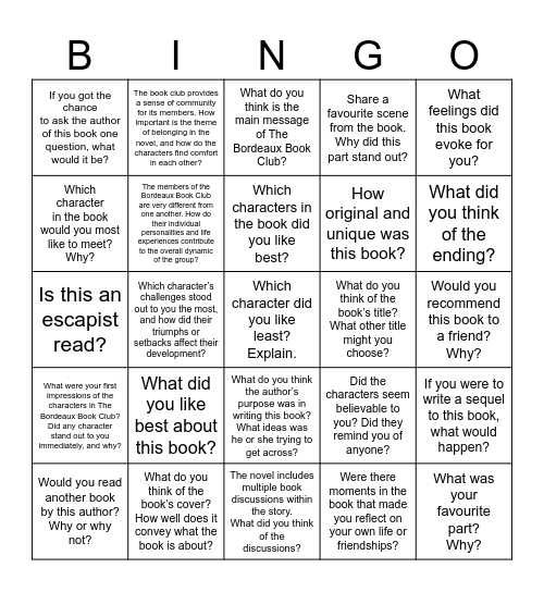 The Bordeaux Book Club Bingo Card