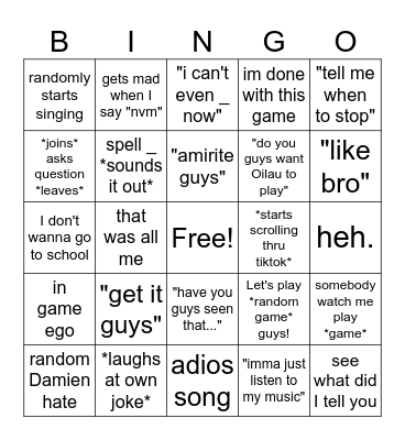PUA BINGO SHMINGO Bingo Card