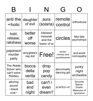 tai vocalist Bingo Card