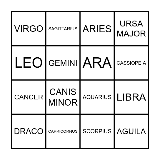 Constellation Bingo Card