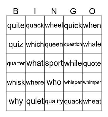 wh and qu - Phonics Bingo Card