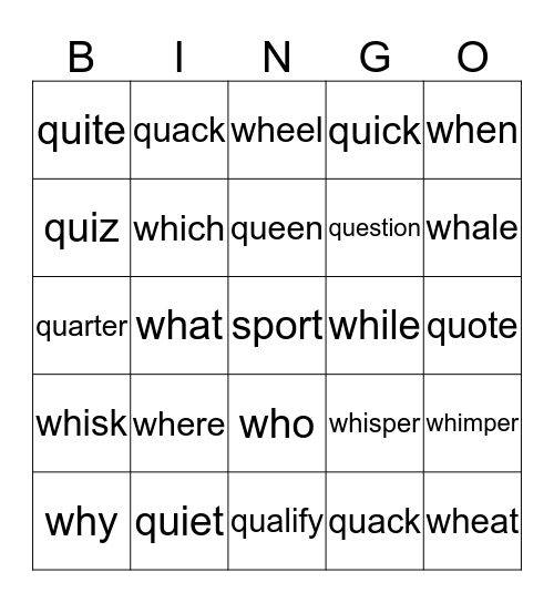 wh and qu - Phonics Bingo Card