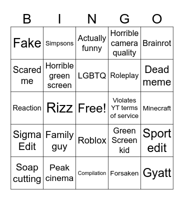 YT Shorts Bingo Card