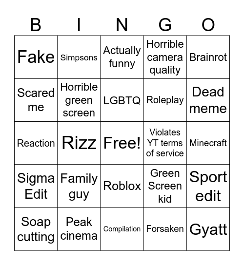 YT Shorts Bingo Card