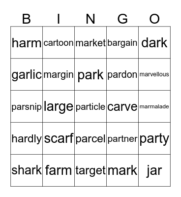 ar - Phonics Bingo Card