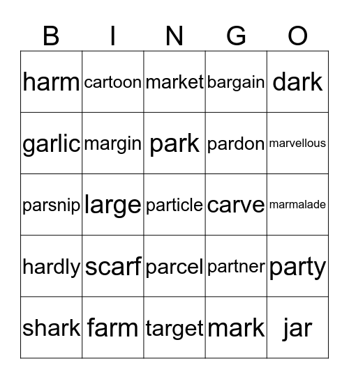 ar - Phonics Bingo Card