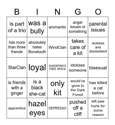 SHADEPAW BINGO Card