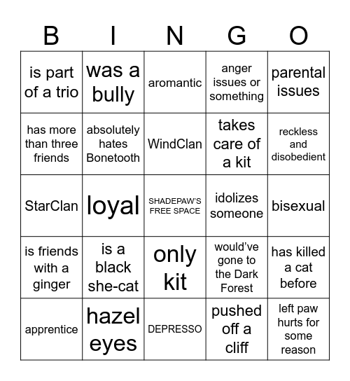 SHADEPAW BINGO Card